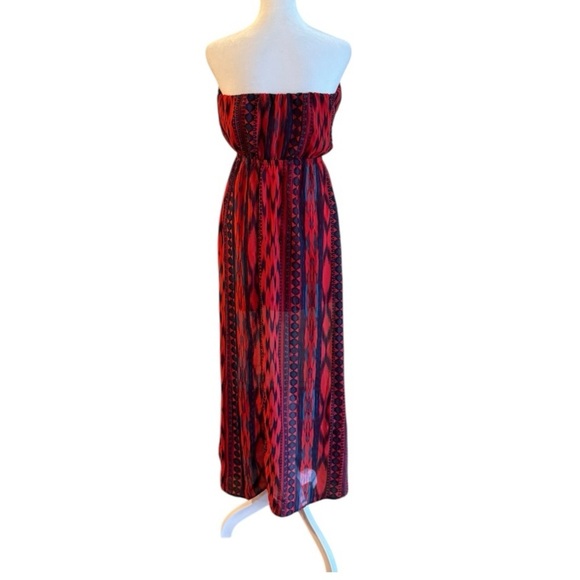 Charlotte Russe Strapless Maxi Dress Red Navy Aztec Print Sheer Overlay Small - Picture 3 of 6